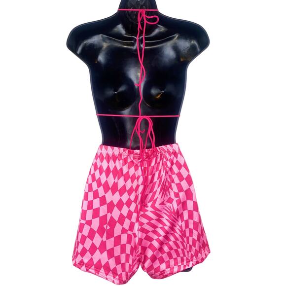 NEW Small Pink 2 Piece backless bra bike shorts top set Barbiecore Y2k Retro Geo - Picture 5 of 5